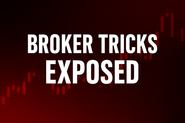 Dark red background with red candlestick chart and the title “Broker Tricks Exposed” in bold white letters.