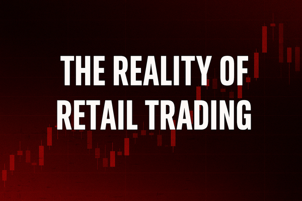 Dark red background with red candlestick chart and the title “The Reality of Retail Trading” in bold white letters.