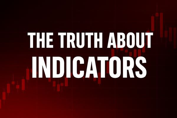 Dark red background with red candlestick chart and the title “The truth About Indicators” in bold white letters.