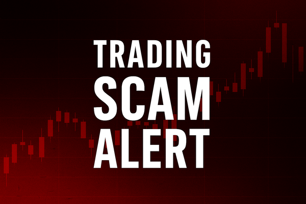 Dark red background with red candlestick chart and the title “Trading SCAM Alert” in bold white letters.