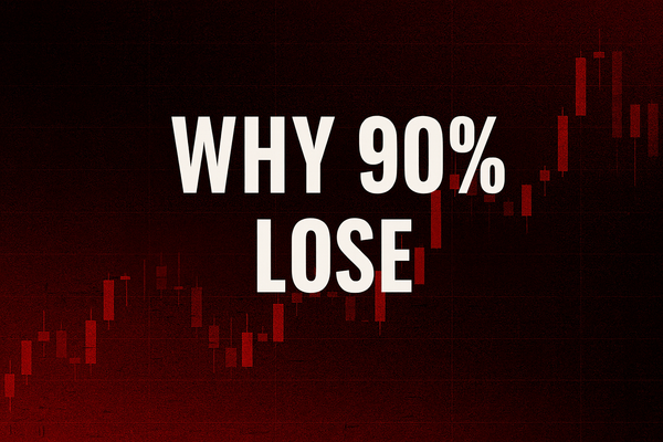 Dark red background with red candlestick chart and the title “Why 90% Lose” in bold white letters.