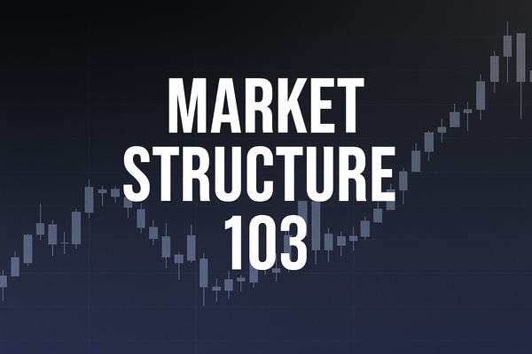 Trading Brut blog cover image with the title “Market Structure 103” in bold white text, centered over a dark blue to black gradient background with subtle candlestick chart pattern.