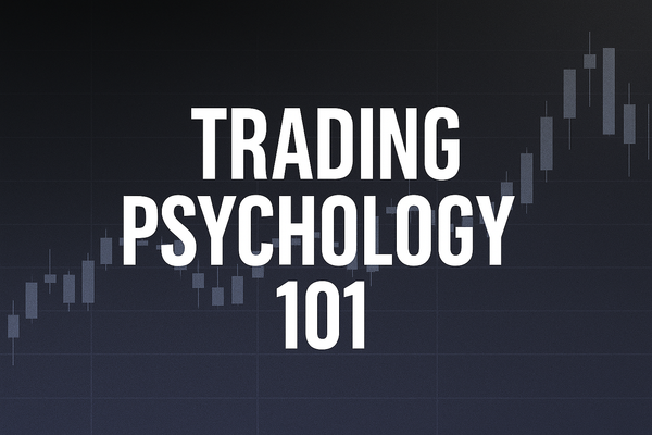 Blog articles "Education" cover image with the title “Trading Psychology 101” in bold white text, centred over a dark blue to black gradient background with subtle candlestick chart pattern.