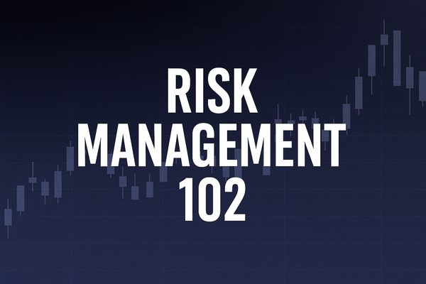 Trading Brut blog cover image with the title “Risk Management 102” in bold white text, centered over a dark blue to black gradient background with subtle candlestick chart pattern.